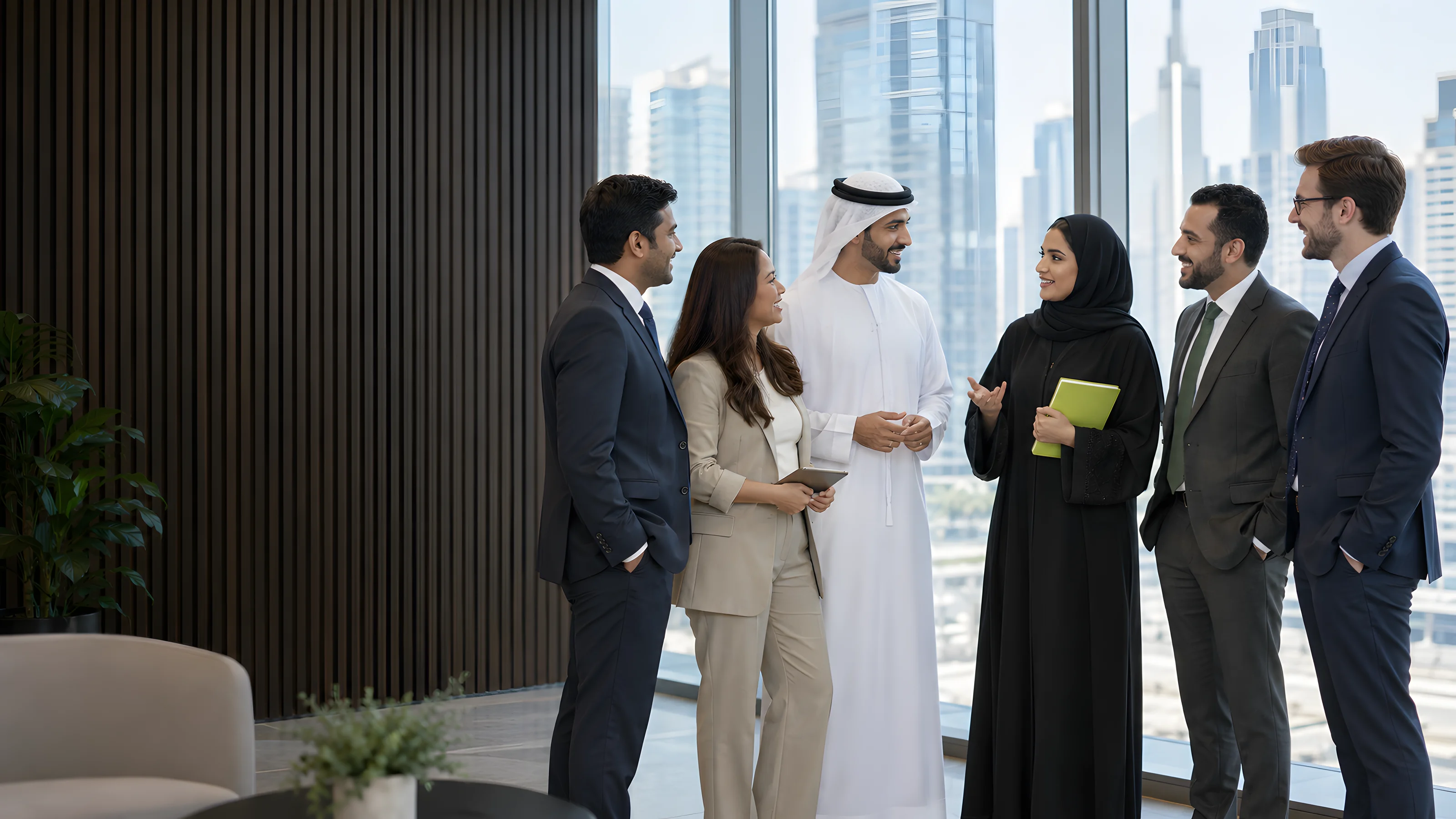 The HOF Partners team talking together by the windows of their Business Bay office