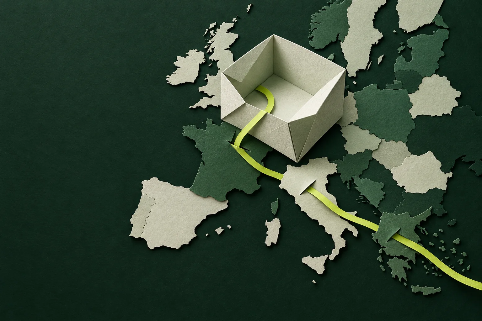 A cut-paper parcel linked by a ribbon across layered European country silhouettes