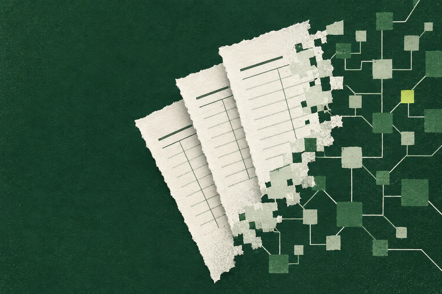 Screenprinted invoice sheets becoming a branching network of structured reporting nodes