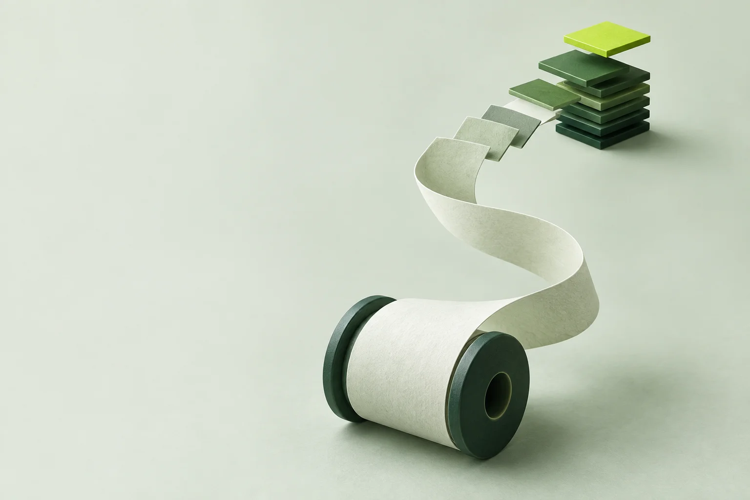 A paper receipt ribbon transforming into neatly stacked digital-record tiles