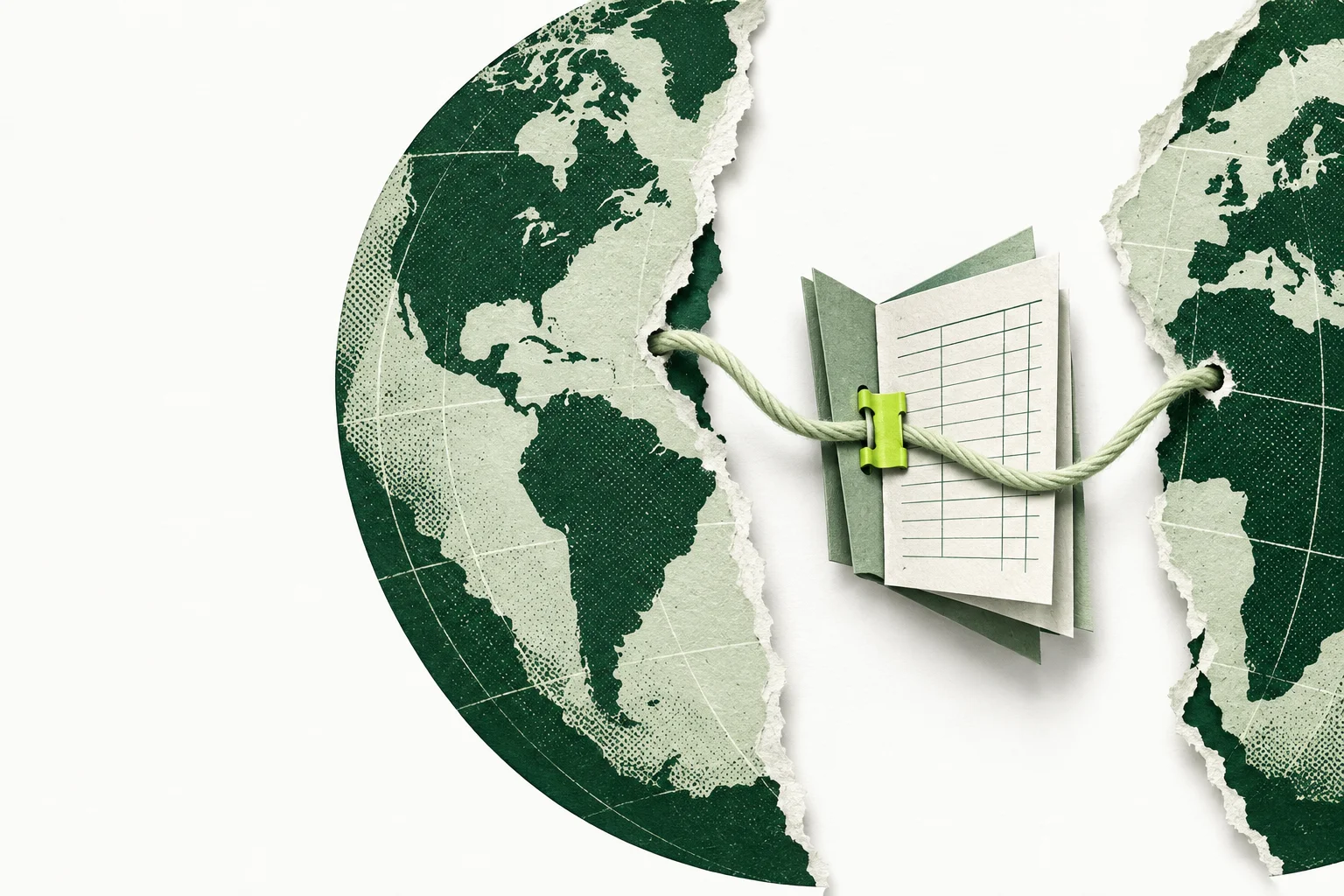 Two collaged globe halves linked by a thread through a paper ledger, illustrating remote accounting handoffs