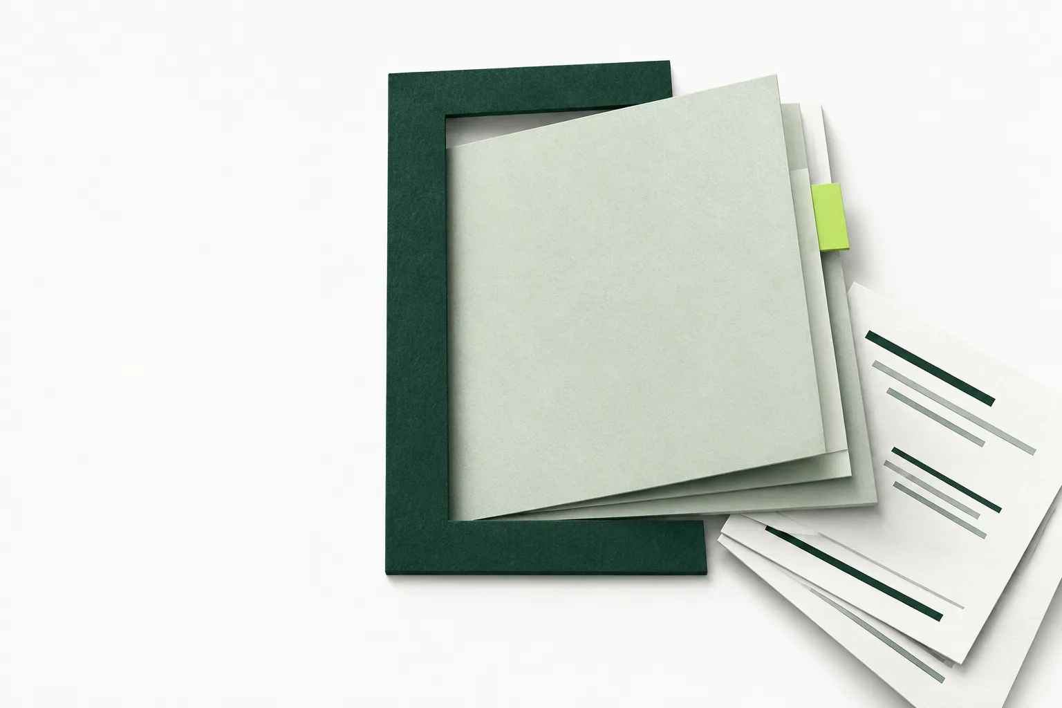 Paper registration folio and invoice sheets framed by a green bracket with one highlighted tab