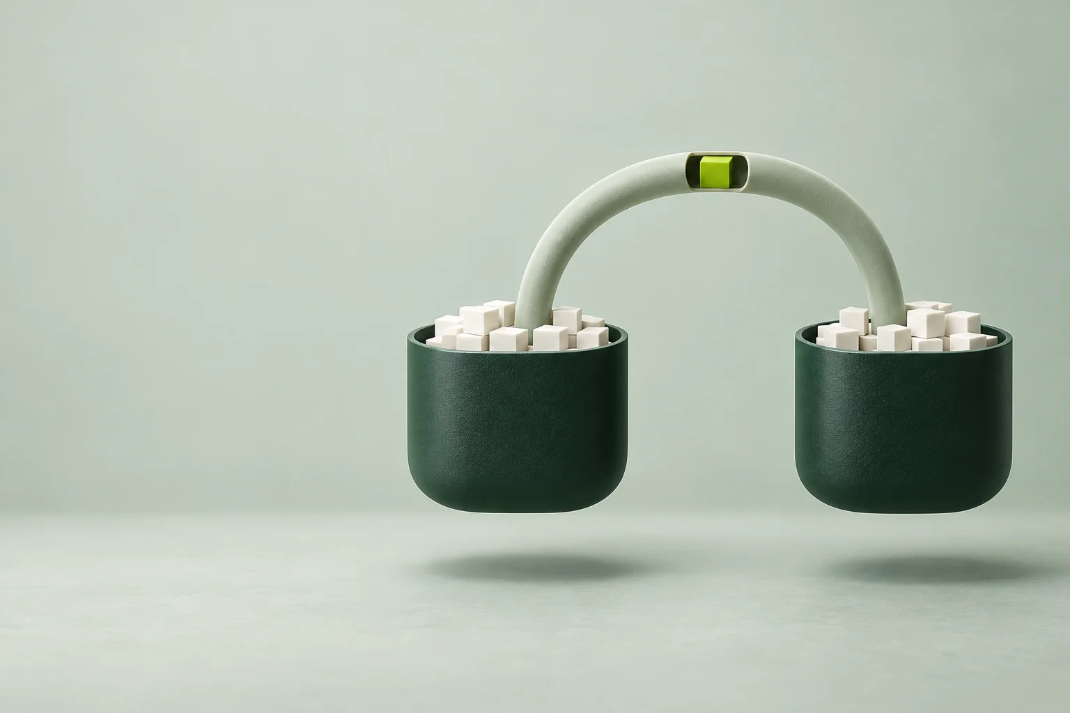 Two balanced sculptural vessels exchanging one block through a connecting tube