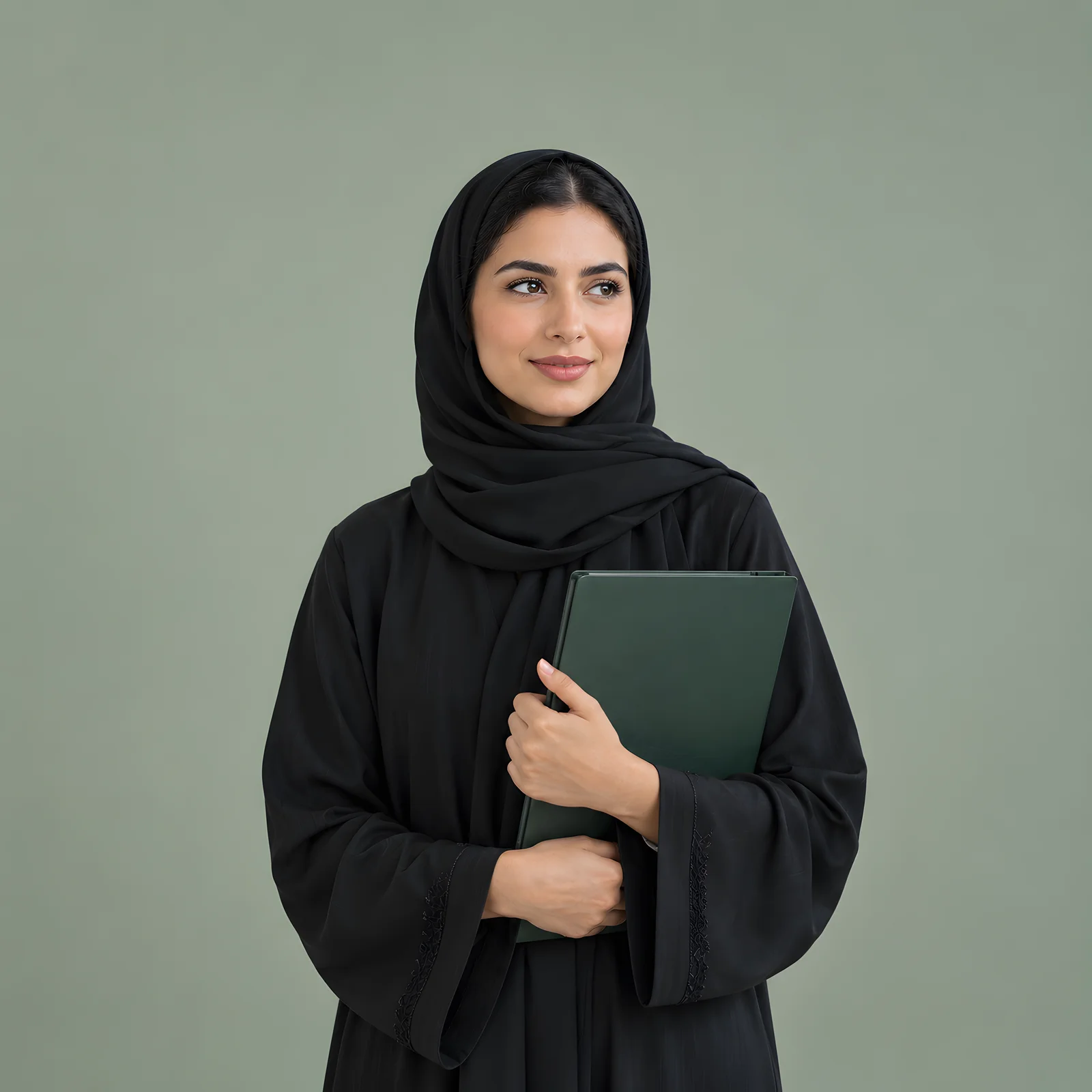 An Emirati tax advisor holding a green document folder