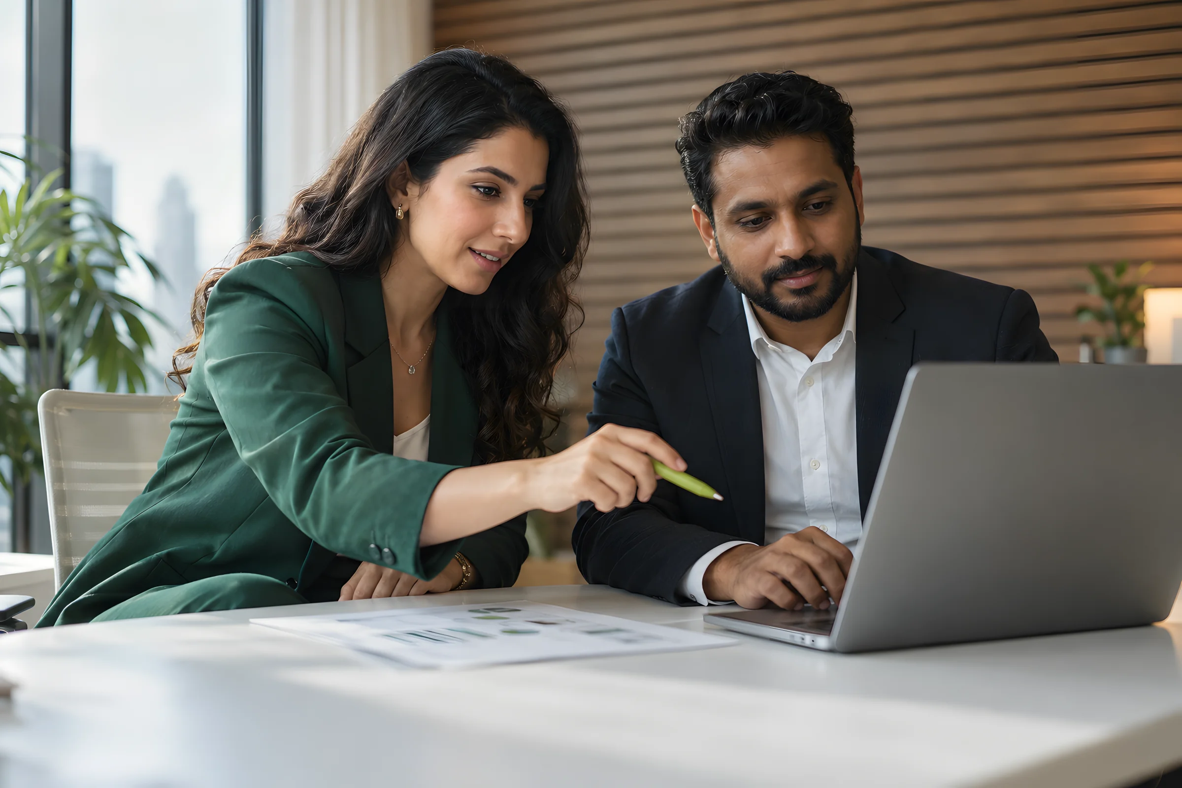 A consultant guiding a business owner through a new accounting system on a laptop