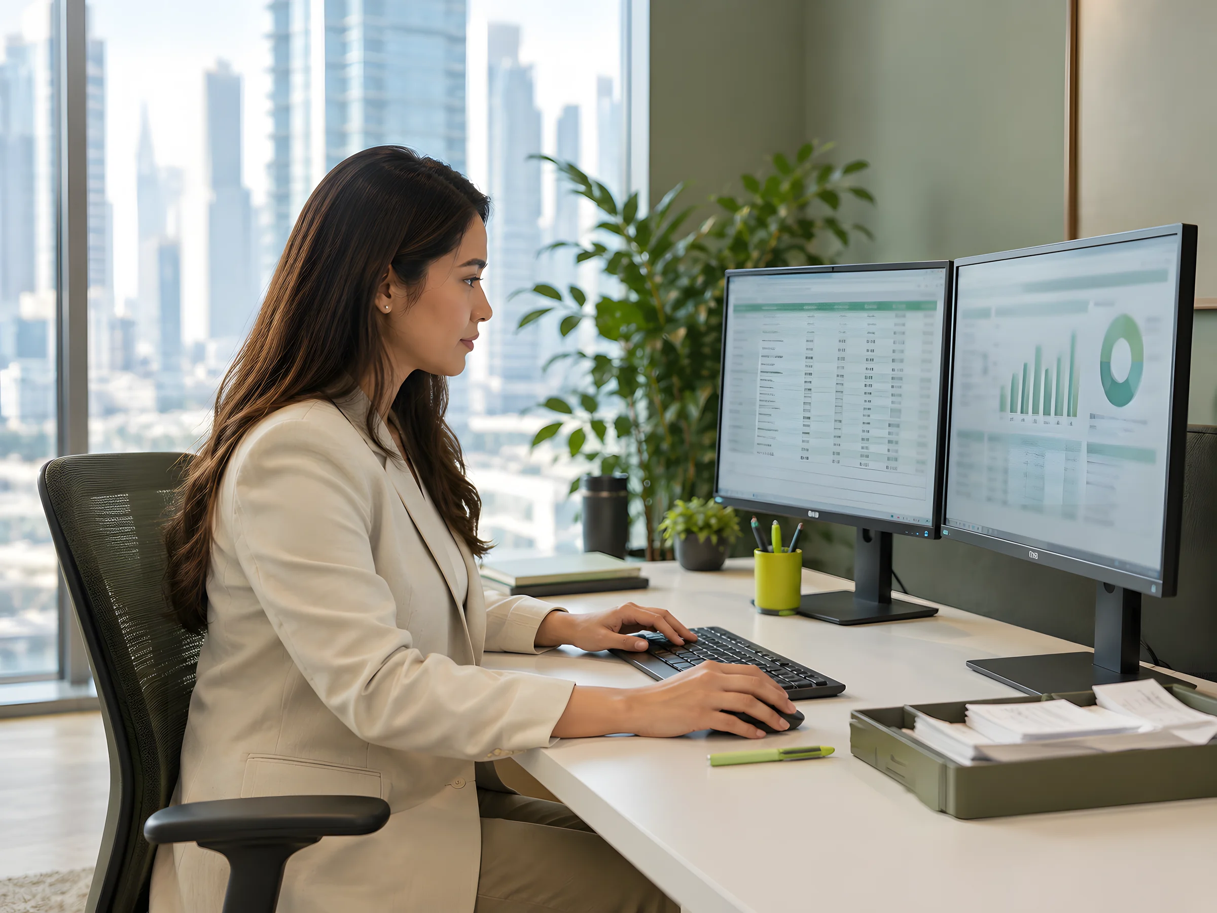 A bookkeeper working across two monitors at a desk overlooking Dubai
