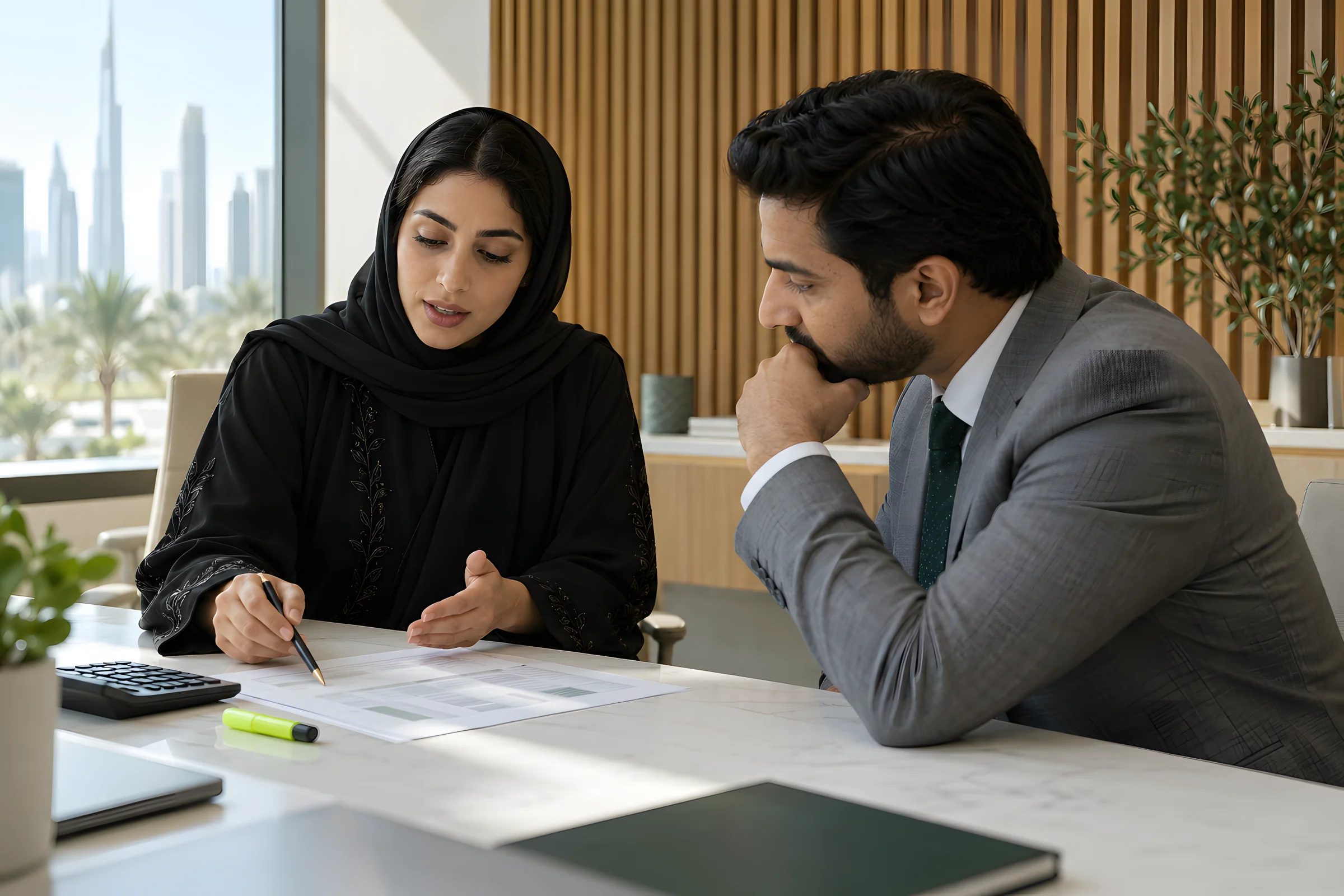 A tax consultant explaining a VAT return to a business owner across a white table