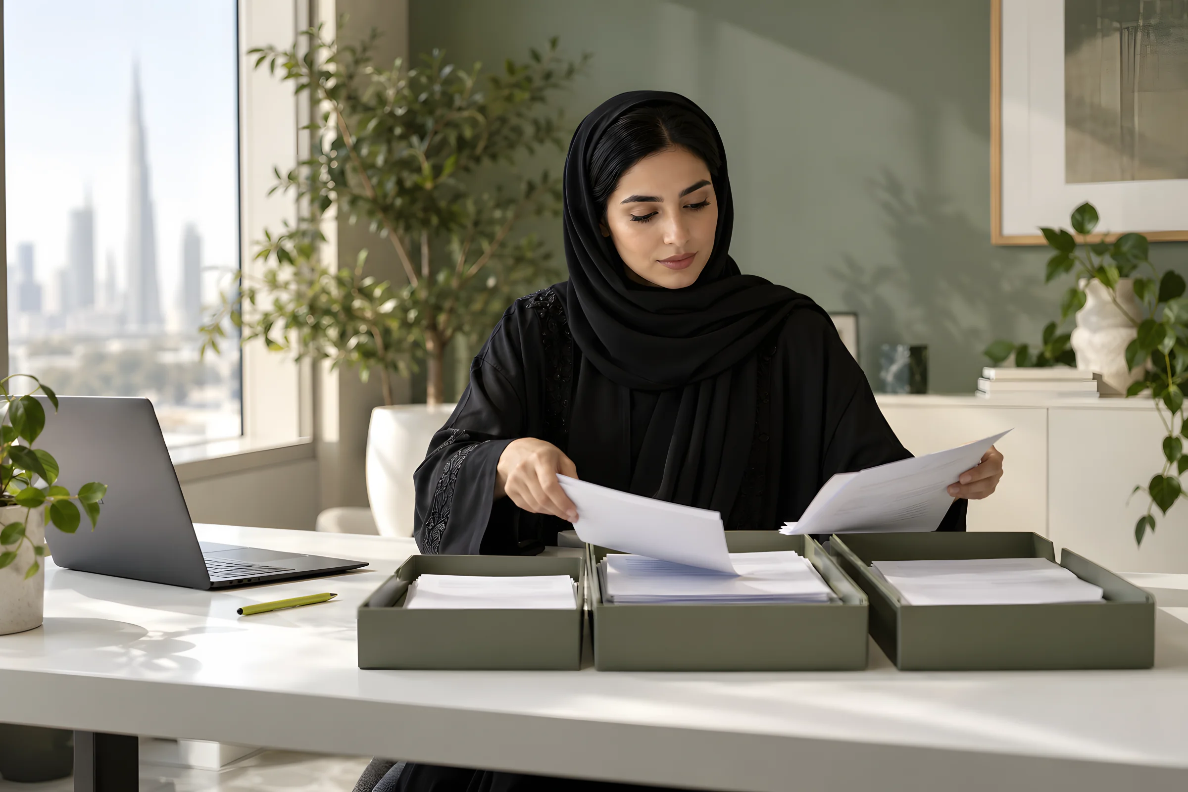 An accounts payable officer sorting supplier invoices into desk trays