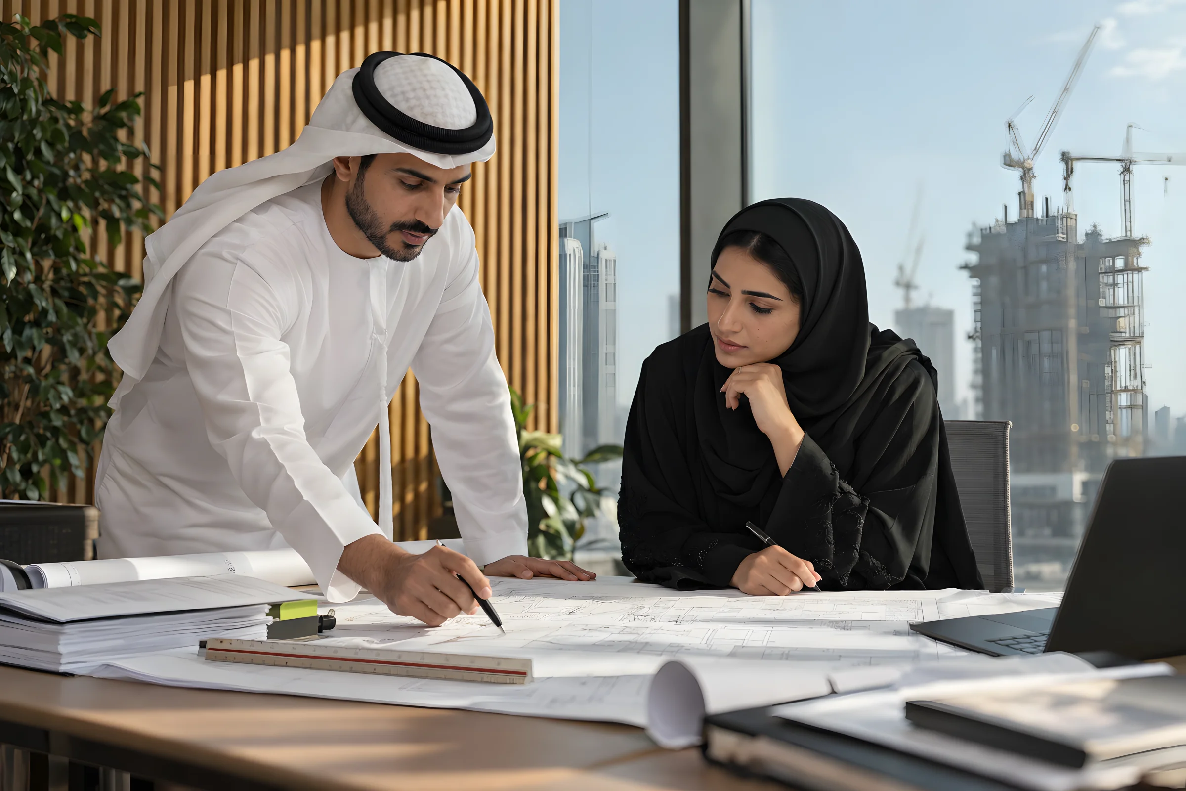 A project director and an accountant reviewing construction drawings against the budget